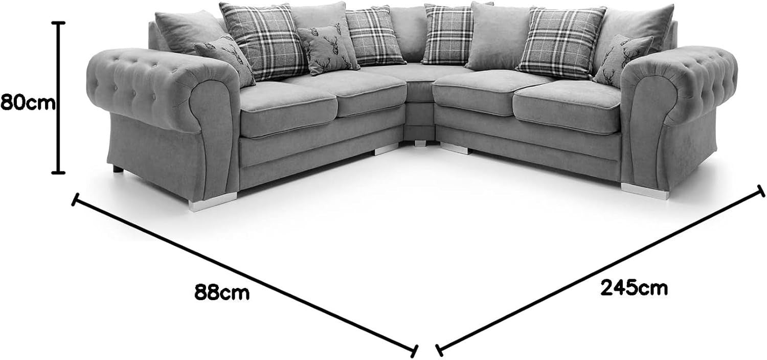 Grey L Shape Corner Sofa 5 Seater with Luxury Foam Cushions & Chrome Legs