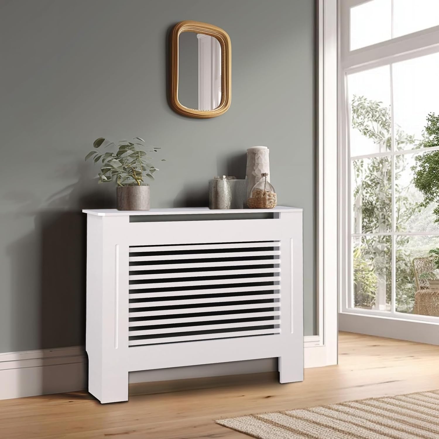 Medium White Radiator Cover Cabinet 101cm Tall MDF Horizontal Slat Heater Cover