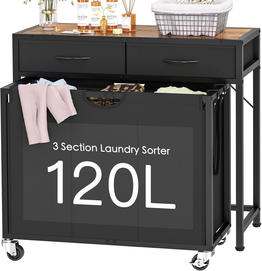 120L Rolling Laundry Sorter with 3 Pull Out Bags & Top Shelf Storage Black