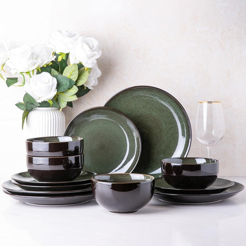 12 Piece Stoneware Dinner Set for 4 Jade Green Reactive Glaze Plates Bowls