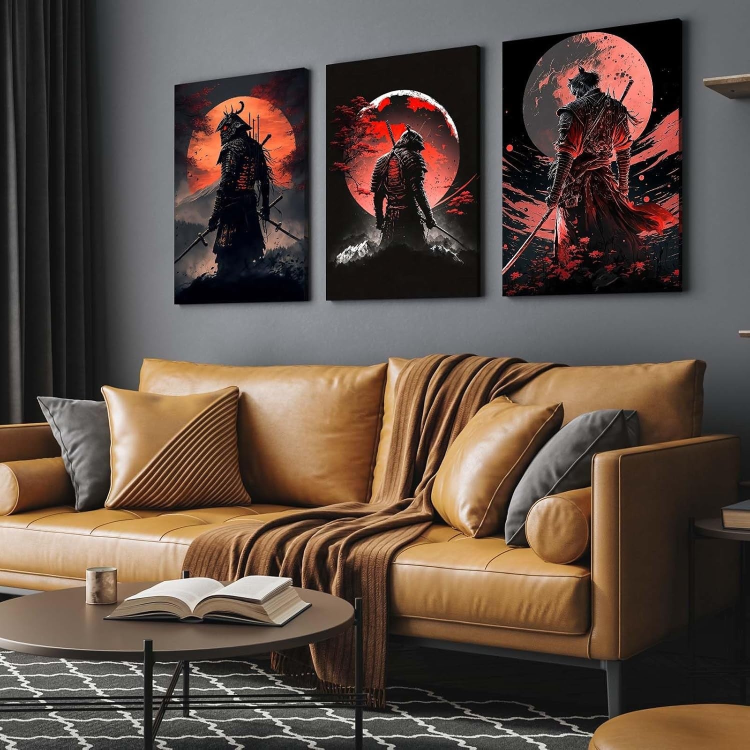 Set of 3 Samurai Warrior Canvas Wall Art 12x16 Framed Japanese Decor
