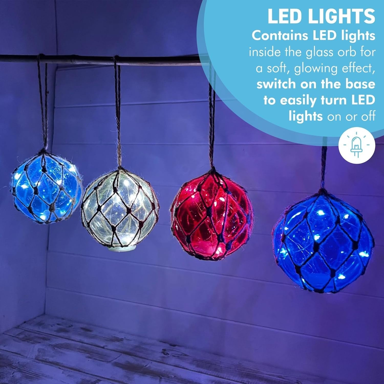LED Glass Fishing Buoy Lights Set of 4 Nautical Hanging Ornaments Garden Decor