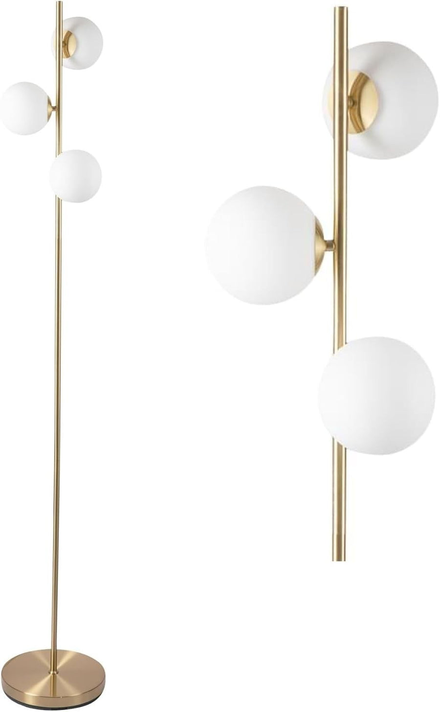 Modern Satin Brass Floor Lamp with Opal Glass Globes & Foot Switch
