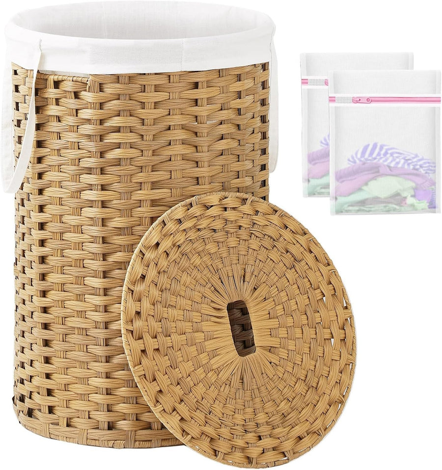 130L Large Round Wicker Laundry Basket with Lid Rattan Hamper Storage Natural
