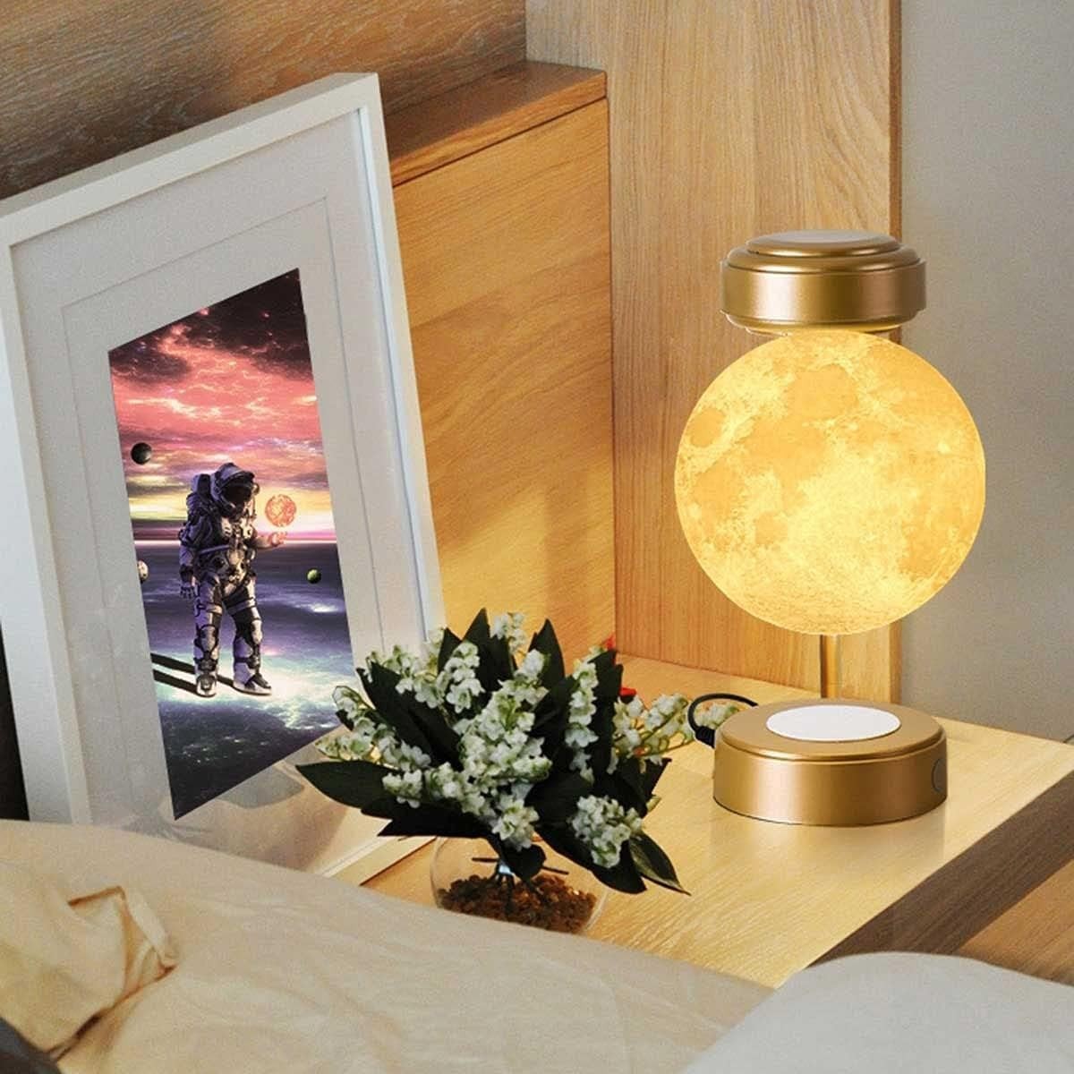 Levitating Moon Lamp Gold 3D Printed Floating LED Night Light Iron Stand
