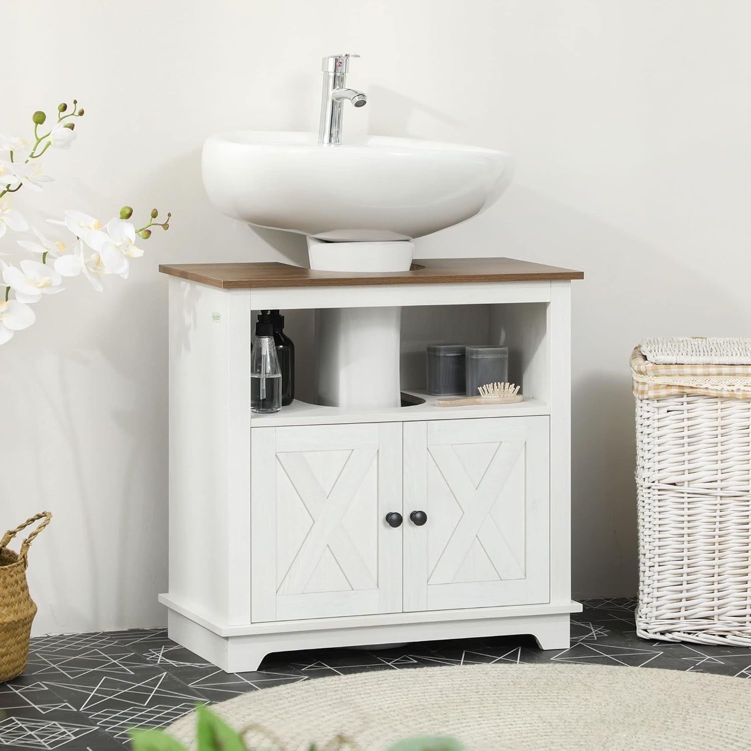 White Under Sink Bathroom Cabinet – 60cm Storage Unit with Doors & Shelf