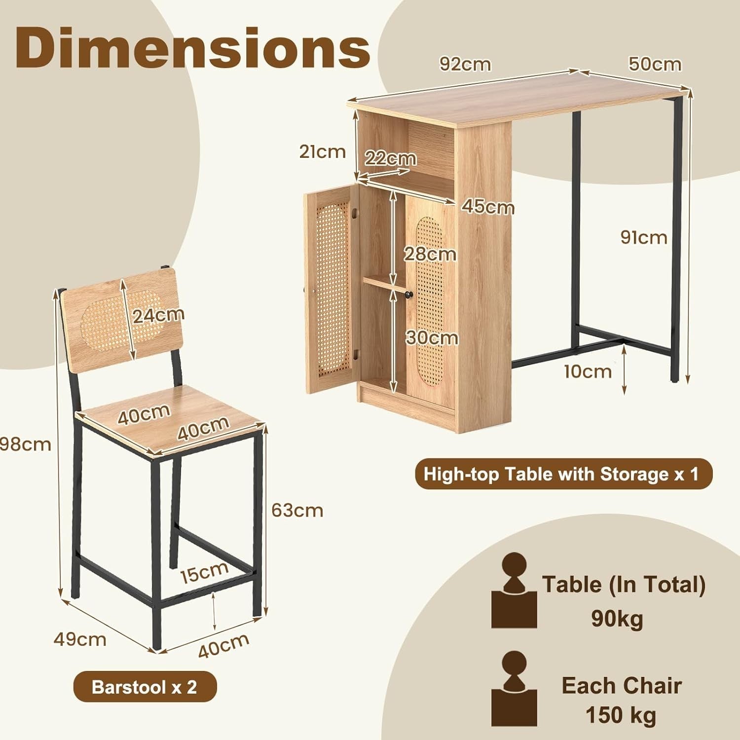 3Pcs Rattan Bar Table Set with Storage Cabinet & 2 Chairs Natural Wood Furniture
