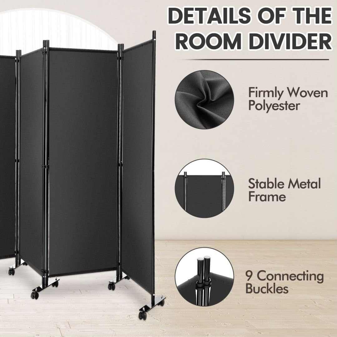 4 Panel Grey Folding Room Divider Privacy Screen on Wheels for Home Office
