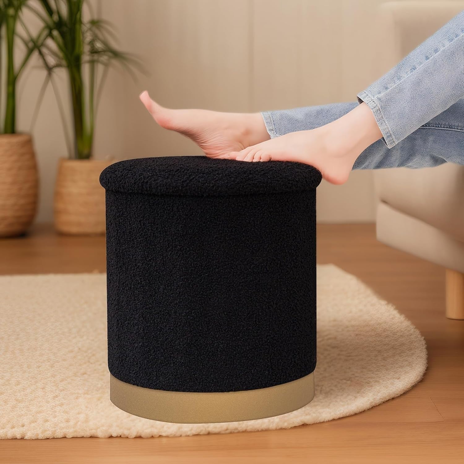 Black Boucle Round Storage Ottoman Folding Footrest with Flip-Top Tray