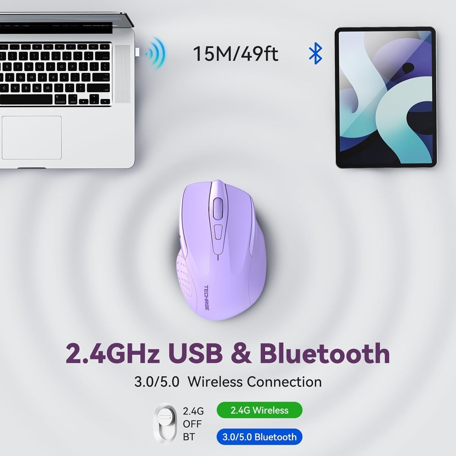 Silent Rechargeable Bluetooth Mouse 4800 DPI Ergonomic Light Purple Laptop PC