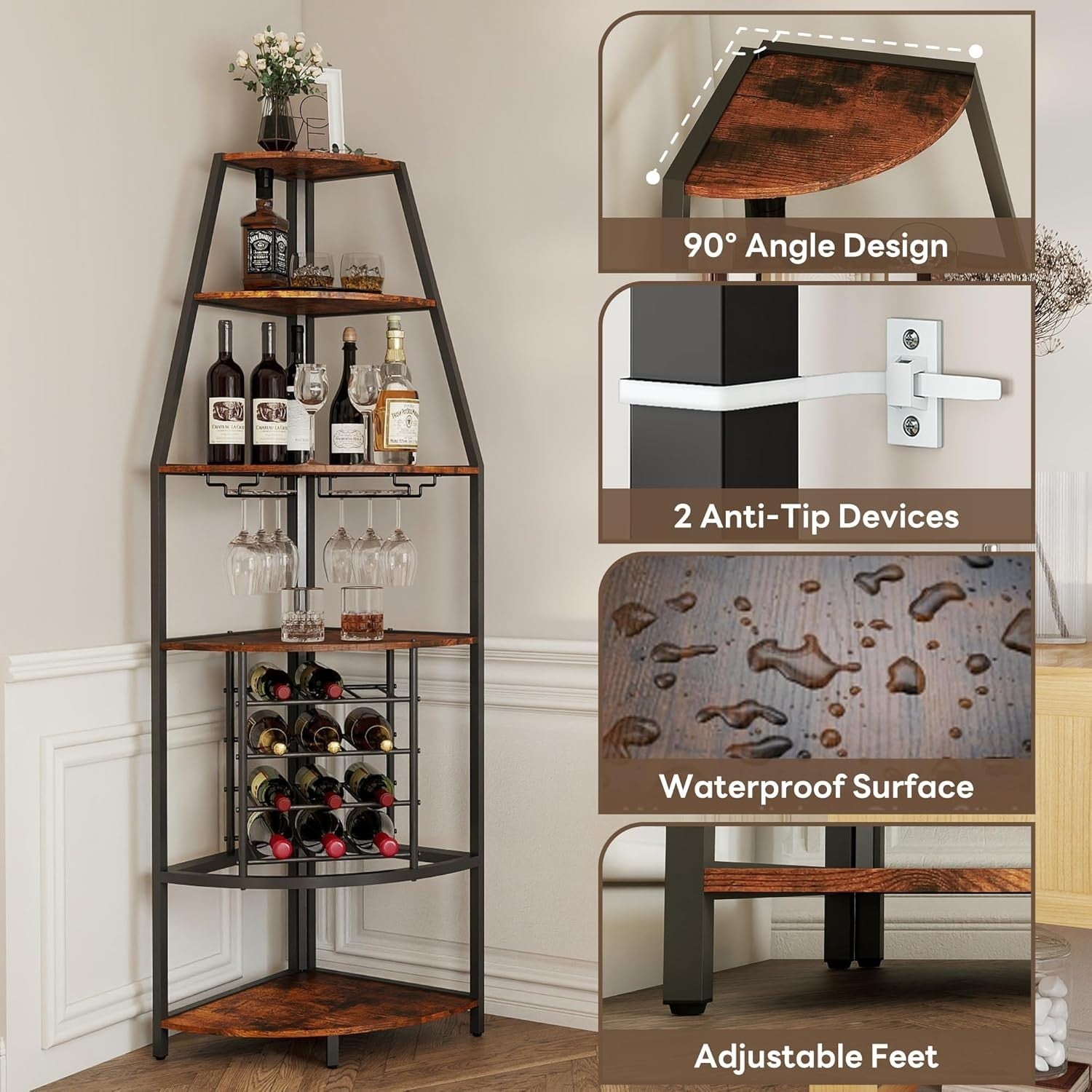 5-Tier Corner Wine Rack with Glass Holders & Bottle Storage, Space-Saving Bar