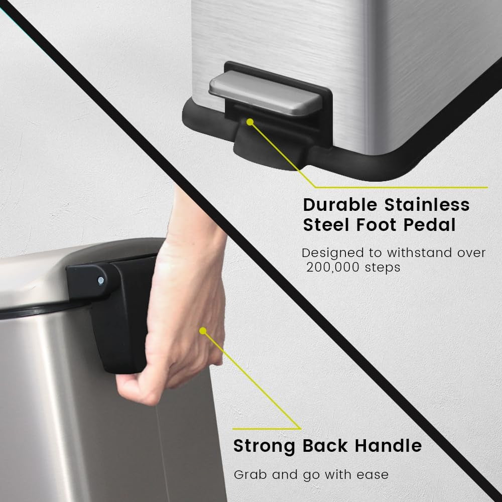 45L Stainless Steel Kitchen Pedal Bin Soft Close Lid Silver