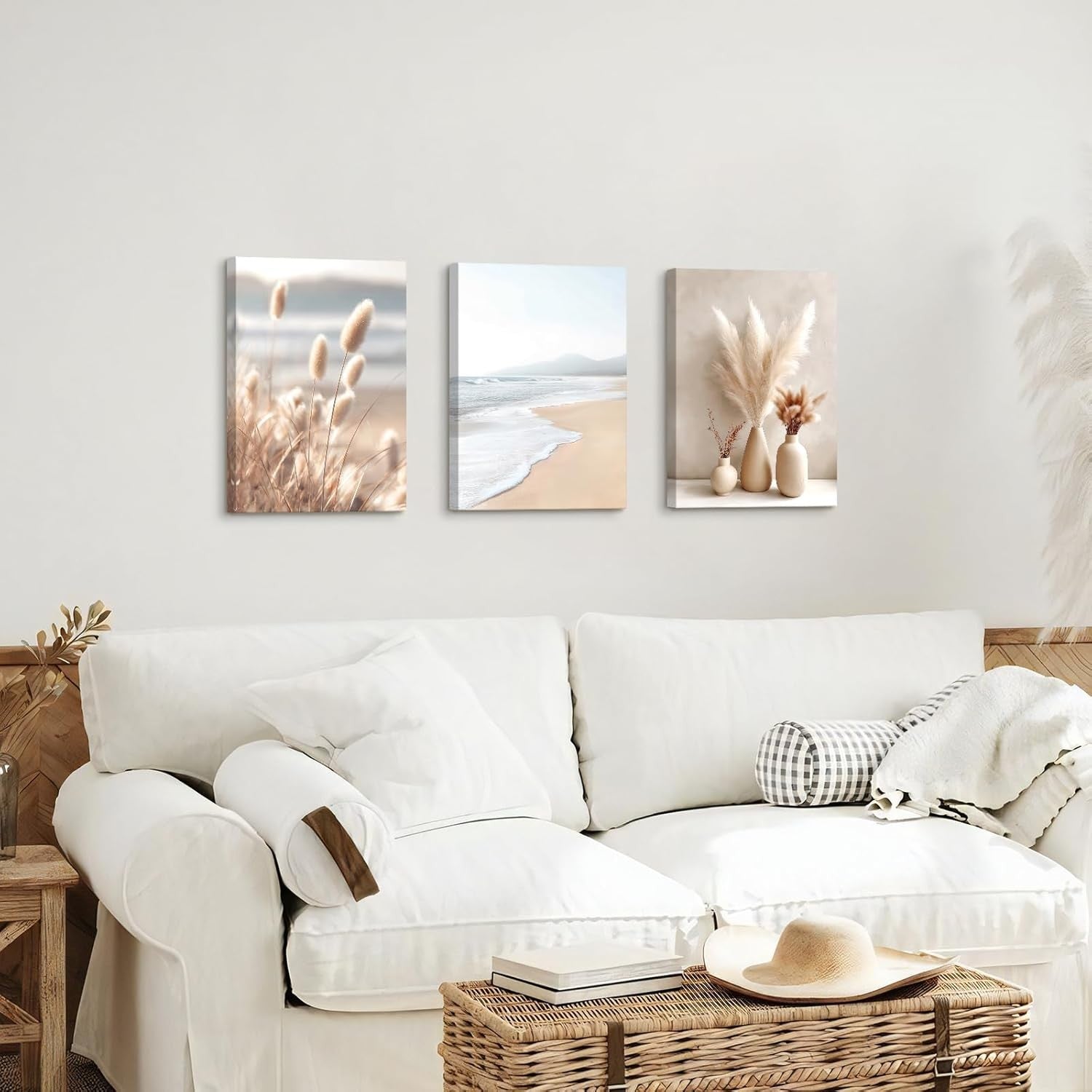 Boho Pampas Grass Canvas Wall Art Set 3 Framed 30x40cm
