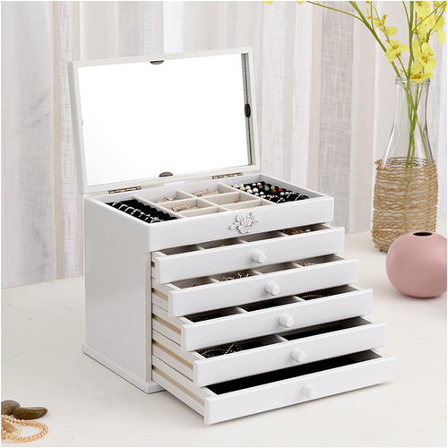 Gold Wooden Jewelry Box with Lock 5 Drawer Organizer Cabinet for Women