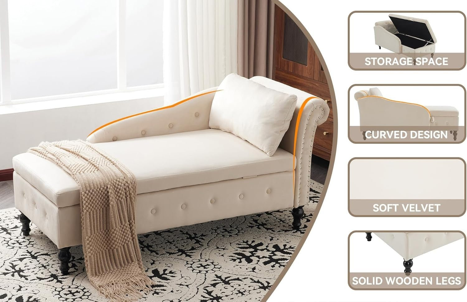 Chaise Lounge Sofa with Storage Button Tufted Velvet Ergonomic Couch