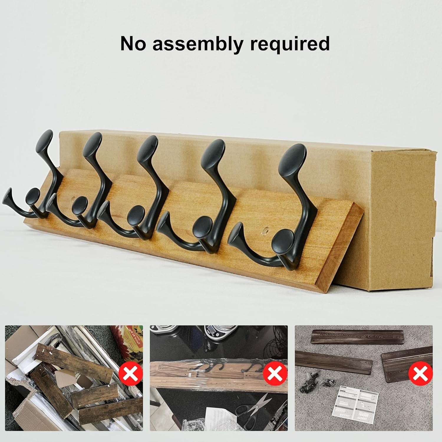 Light Brown Wood Wall Coat Rack 5 Triple Hooks | 61cm Modern Hanging Rail