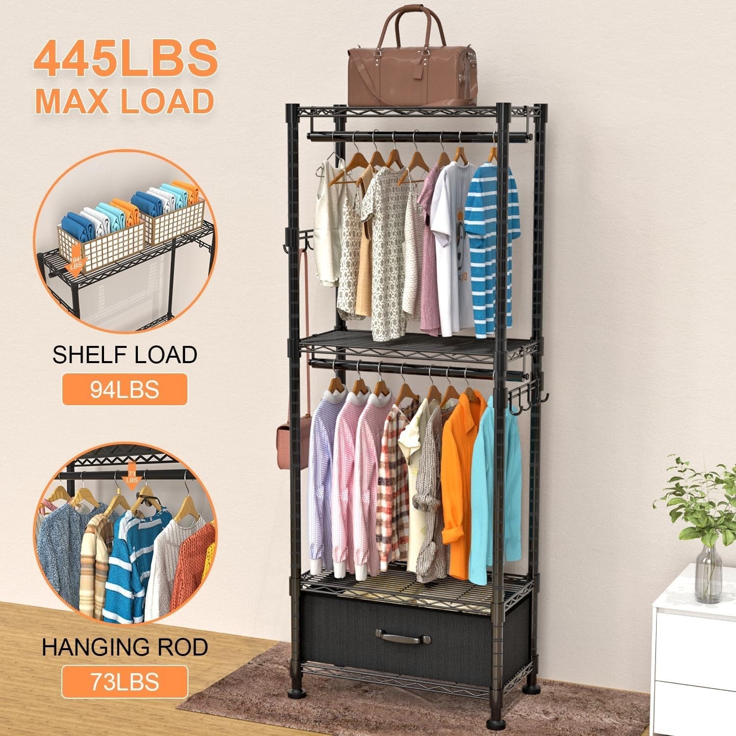 4-Tier Adjustable Clothes Rail with Drawer & Hooks – Black 200cm