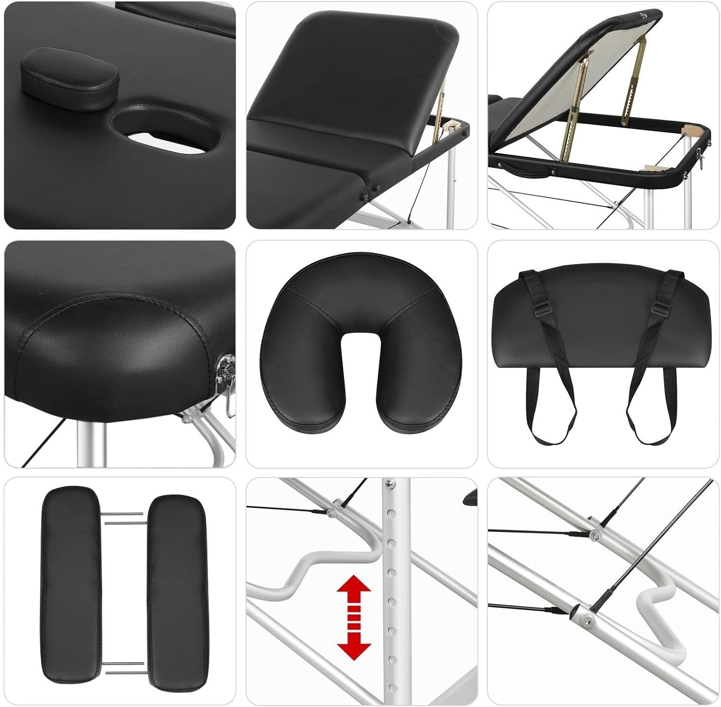 Portable Aluminum Massage Table Adjustable 3-Section Beauty Spa Bed Black 70cm