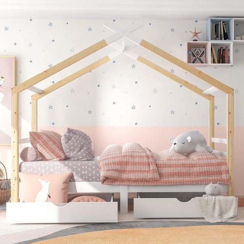 3FT Kids Canopy Bed Frame with Storage Drawer, Solid Wood House Bed