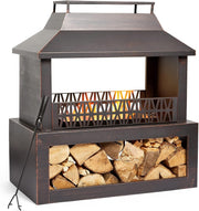Outdoor Metal Fire Pit Fireplace with Wood Storage & Poker for Garden Patio