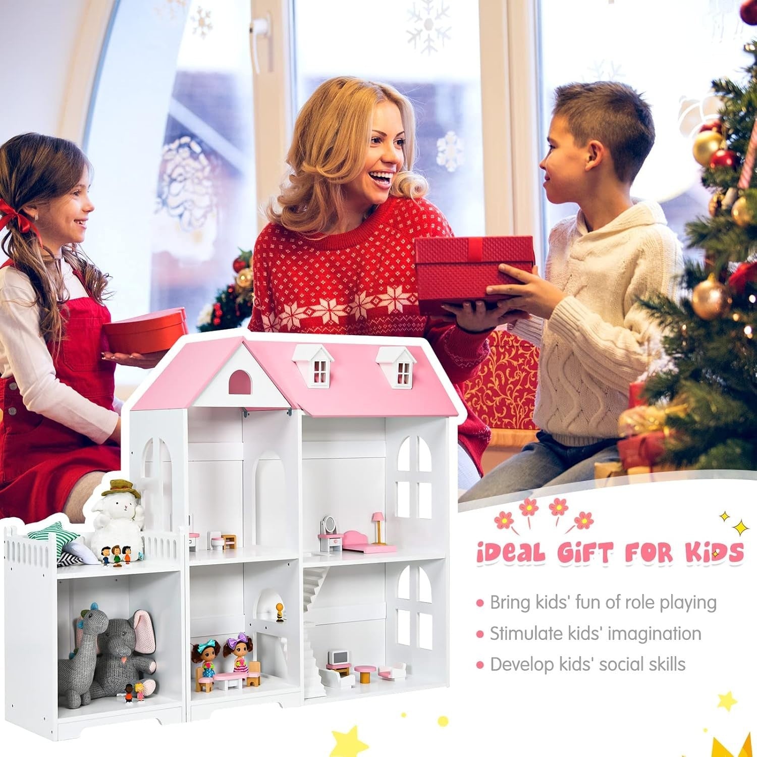 2in1 Kids Dollhouse Wooden Bookcase 2-Storey Playset w/ 14 Furniture Pink
