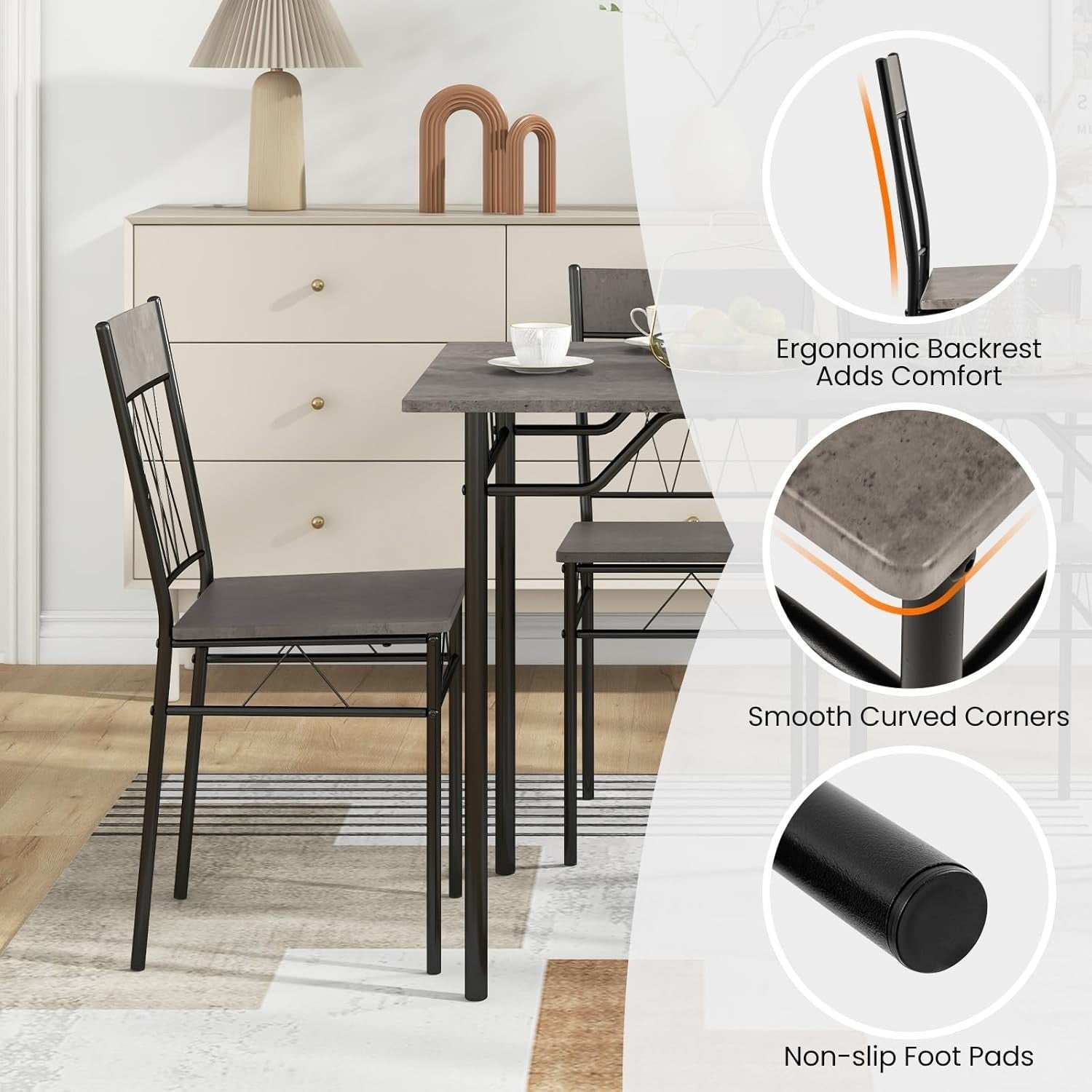 Gray Cement Texture Dining Table Set 4 Chairs | Space-Saving Kitchen Fit