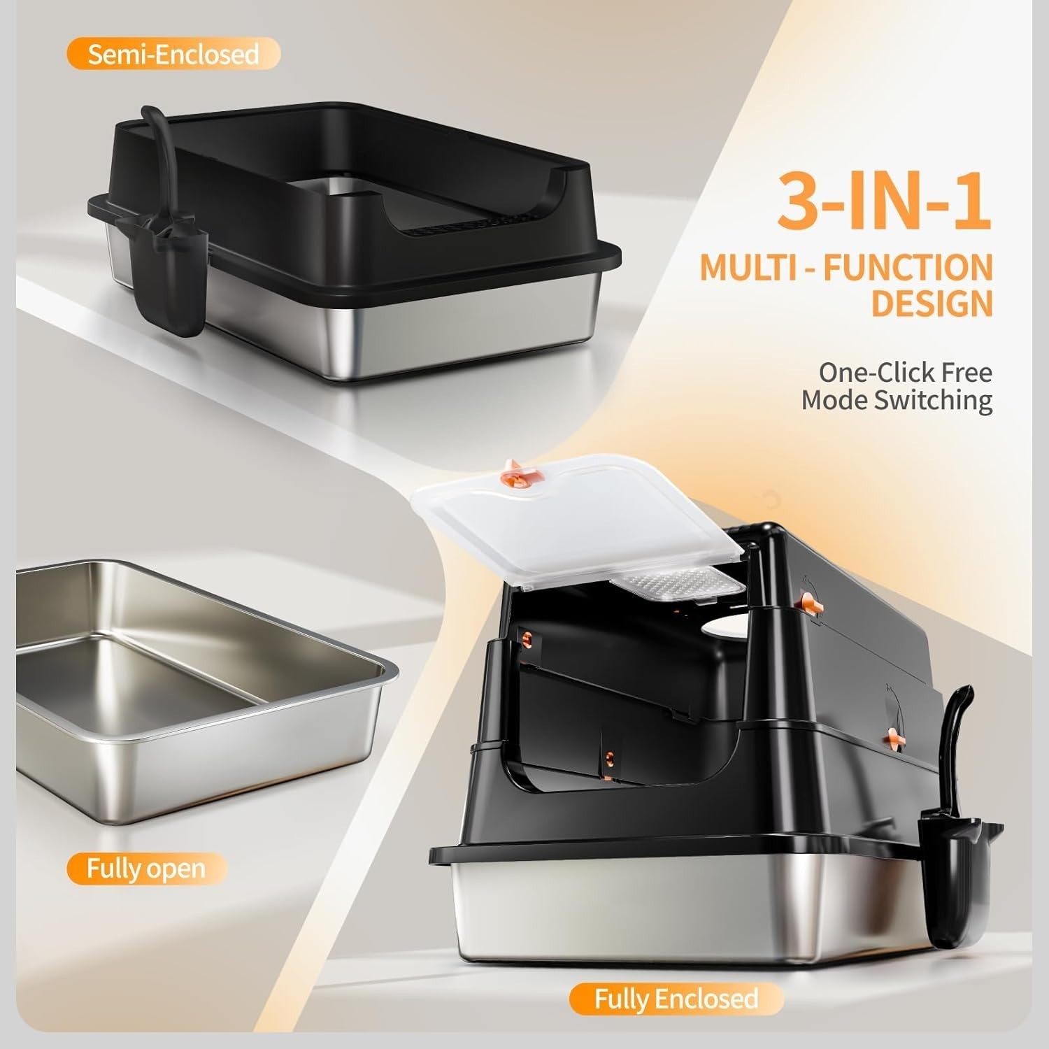 XL Stainless Steel Cat Litter Box Covered High Sided Leak Proof Tray