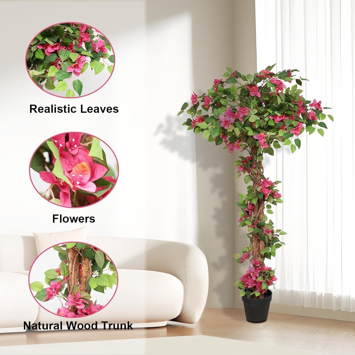 160cm Pink Bougainvillea Tree in Cement Pot Faux Flowers Indoor Outdoor Decor