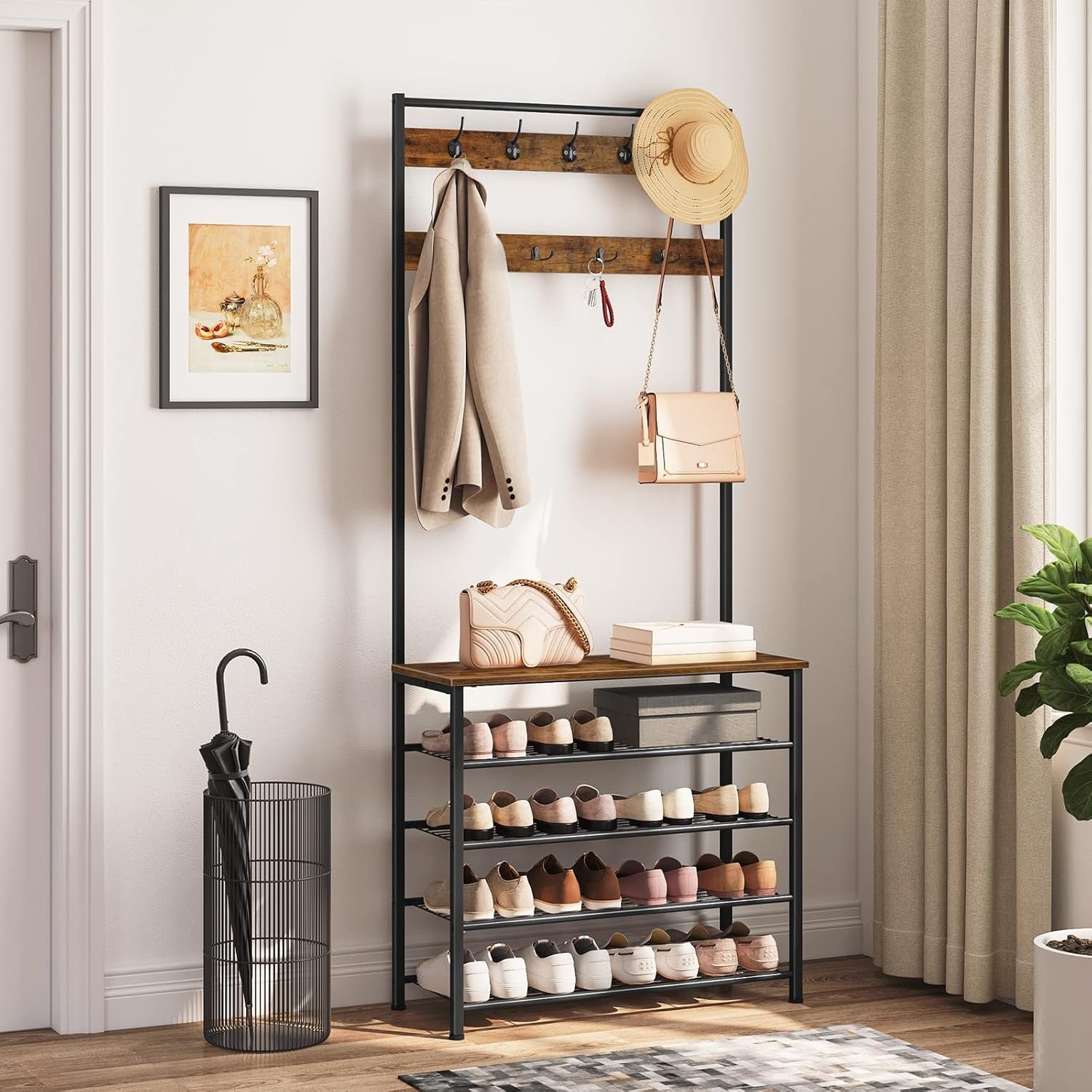 Rustic Brown Coat Rack with Shoe Bench & 9 Hooks | Industrial Hall Tree Organize