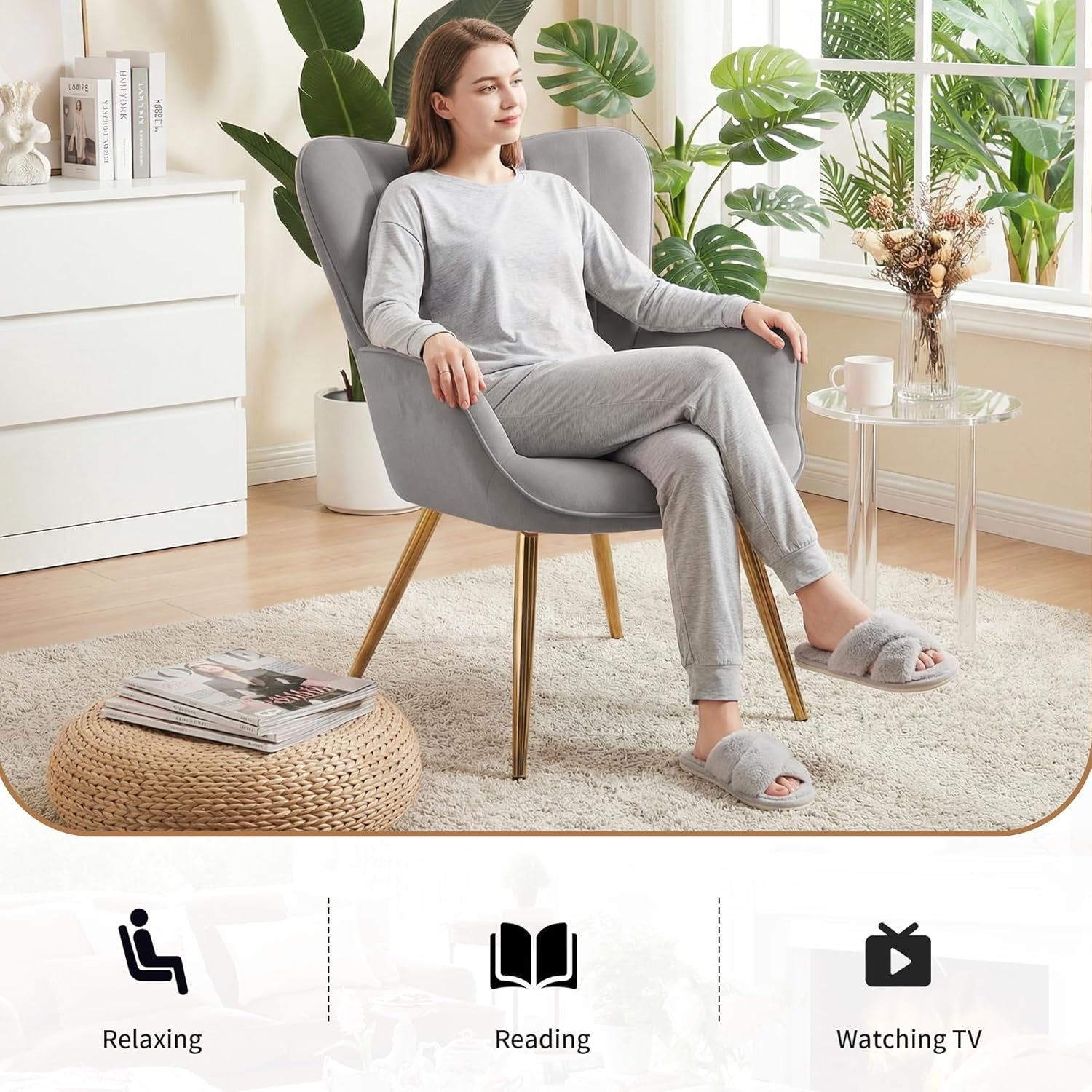 Wing Back Accent Armchair with Ottoman Modern Lounge Chair Grey