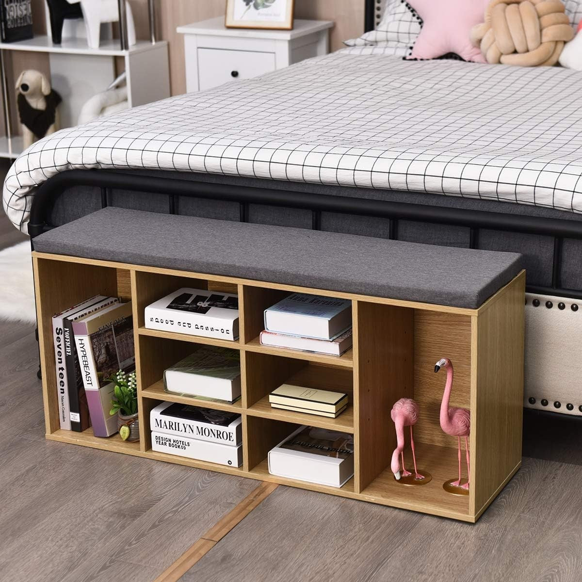 Shoe Storage Bench with Cushion & Adjustable Shelves 104x30x48cm Natural