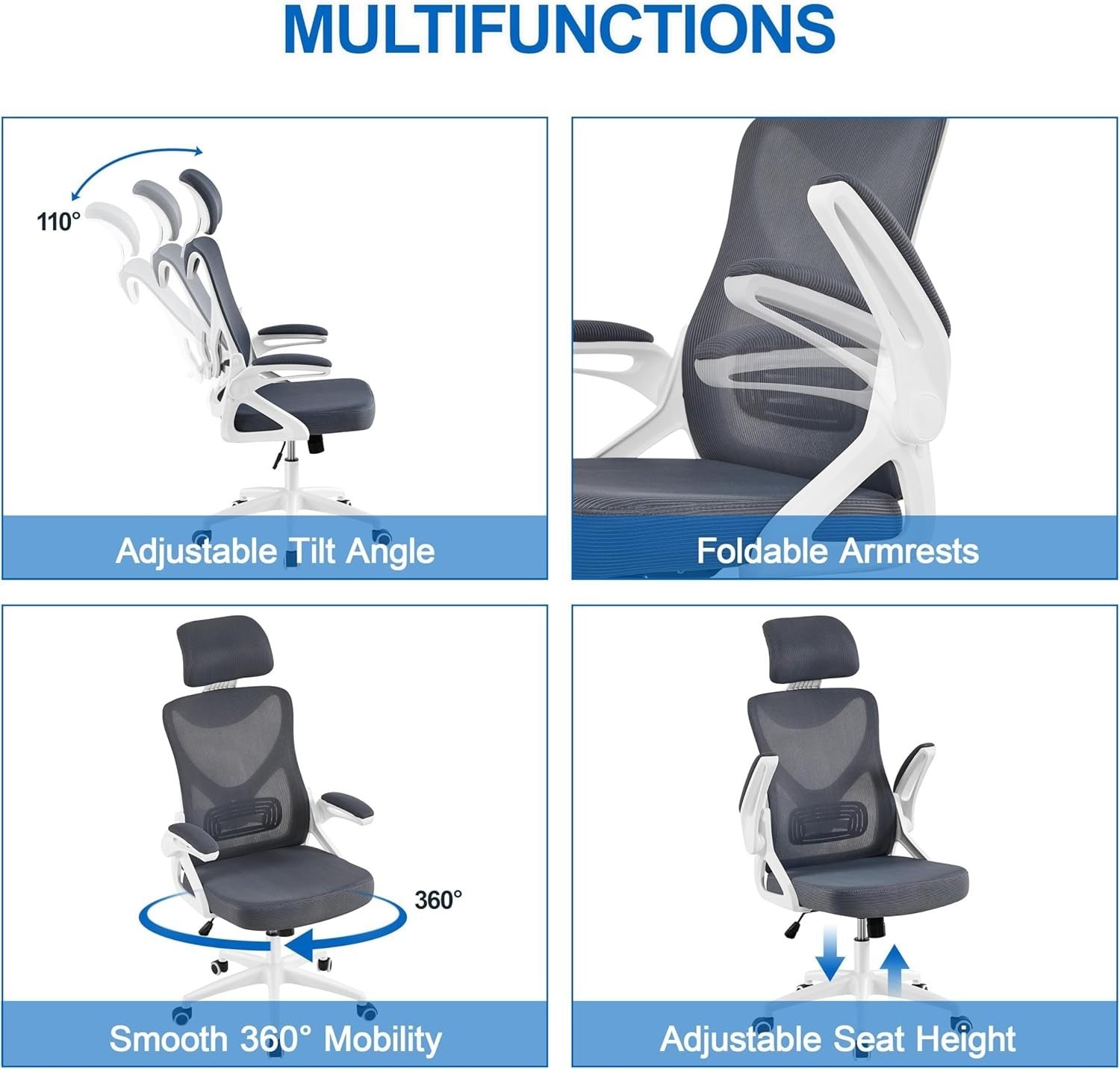 Ergonomic Mesh Office Desk Chair Adjustable Height Lumbar Flip-up Arms White/Gre