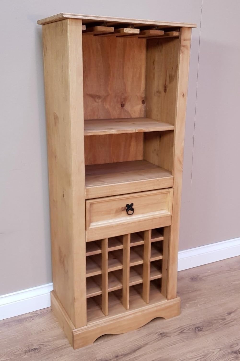 Rustic Pine Wine Rack Cabinet with Drawer & Glass Holder, Floor Standing Storage