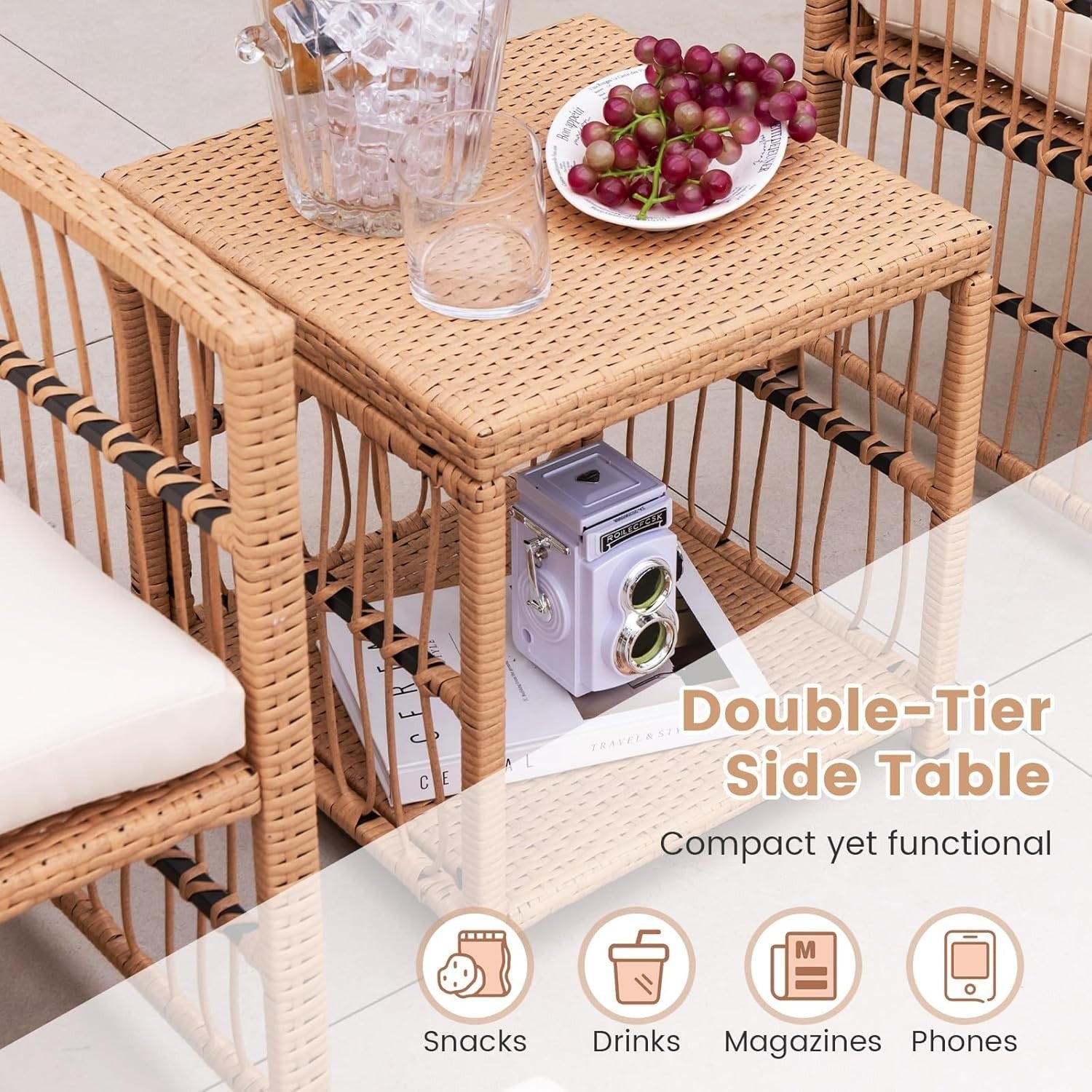 5pc Rattan Garden Furniture Set with Cushions, Table & Ottomans Patio
