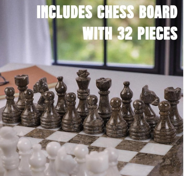 Luxury 10x10” Marble Chess Set – Oceanic Grey & White Stone Board + Pieces