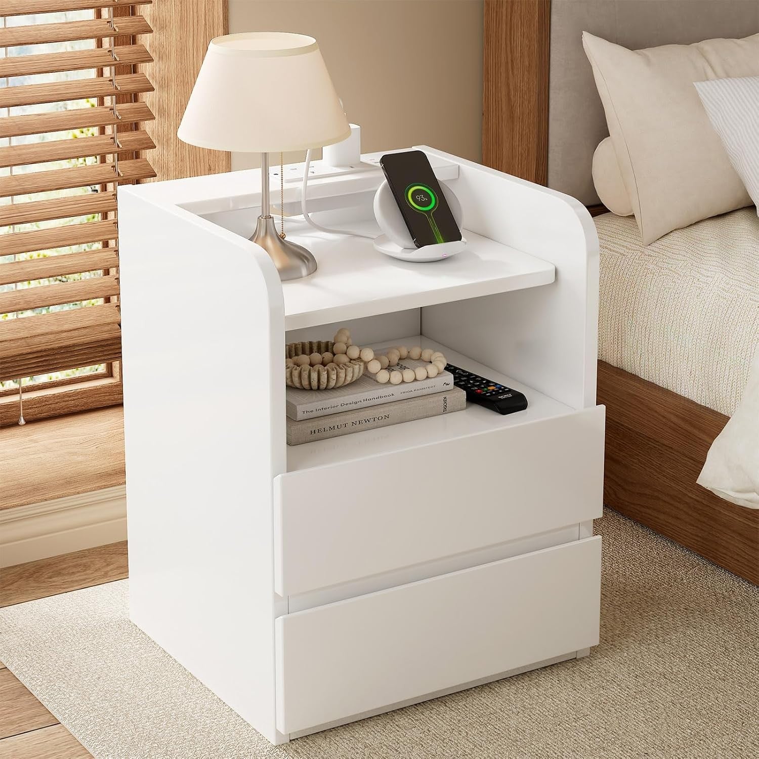 White Bedside Table with Charging Station – Modern Nightstand w/ Drawers & LED S