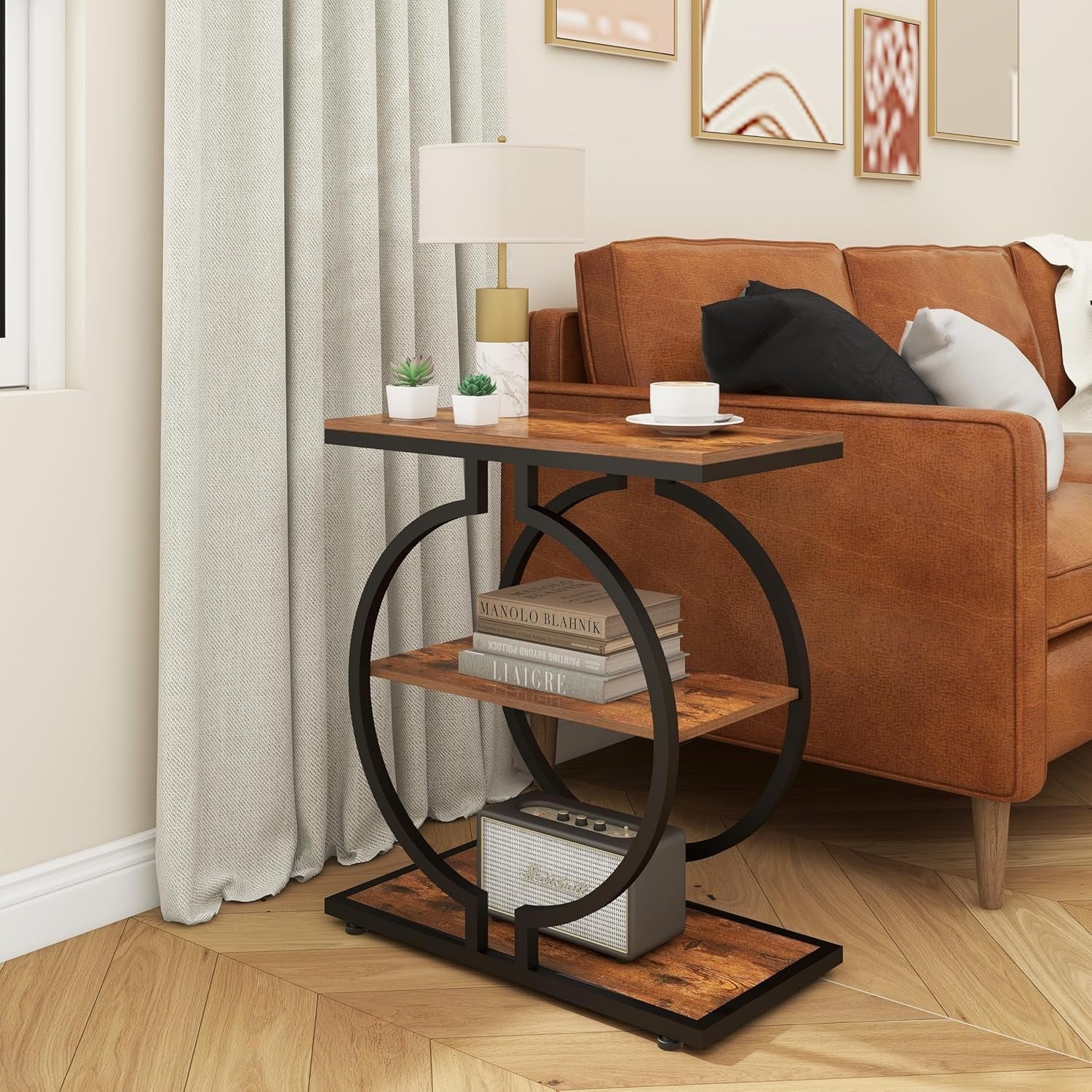 3-Tier Round End Table with Geometric Metal Base, Rustic Brown 30x60x65cm