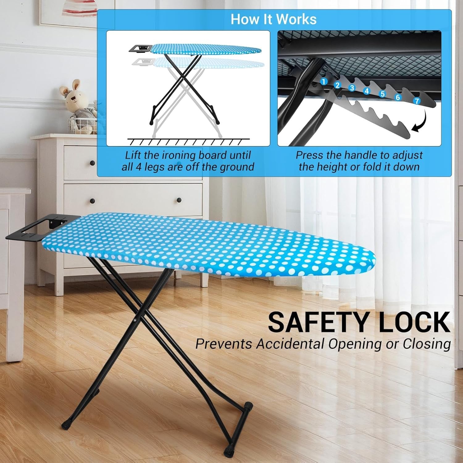 Large Ironing Board Adjustable Height Anti Slip with Iron Rest 132x33cm