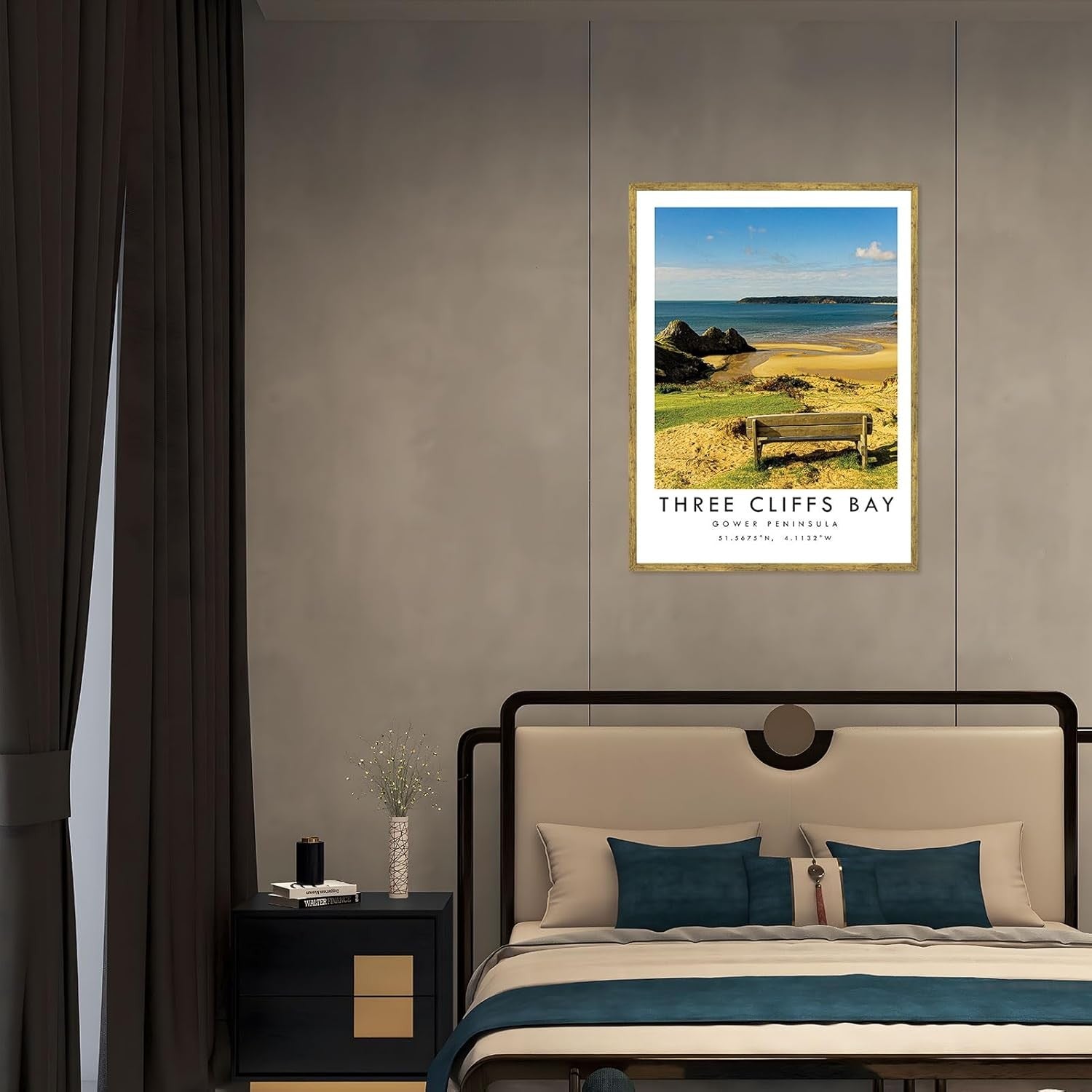 Framed Three Cliffs Bay Canvas Wall Art Modern Coastal Home Decor