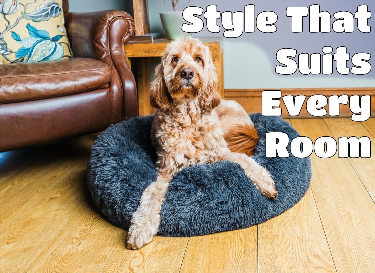Large Calming Donut Dog Bed 80cm Washable Non Slip Dark Grey