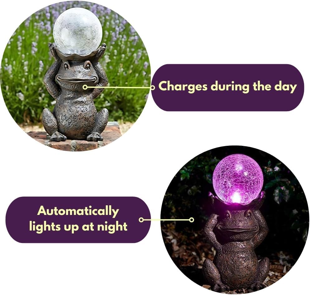Solar Frog Garden Ornament with Colour Changing LED Globe Outdoor Statue 40cm