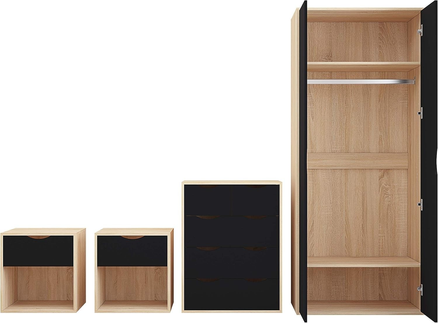 4pc Bedroom Furniture Set Wardrobe Chest Bedside Cabinet Black on Oak