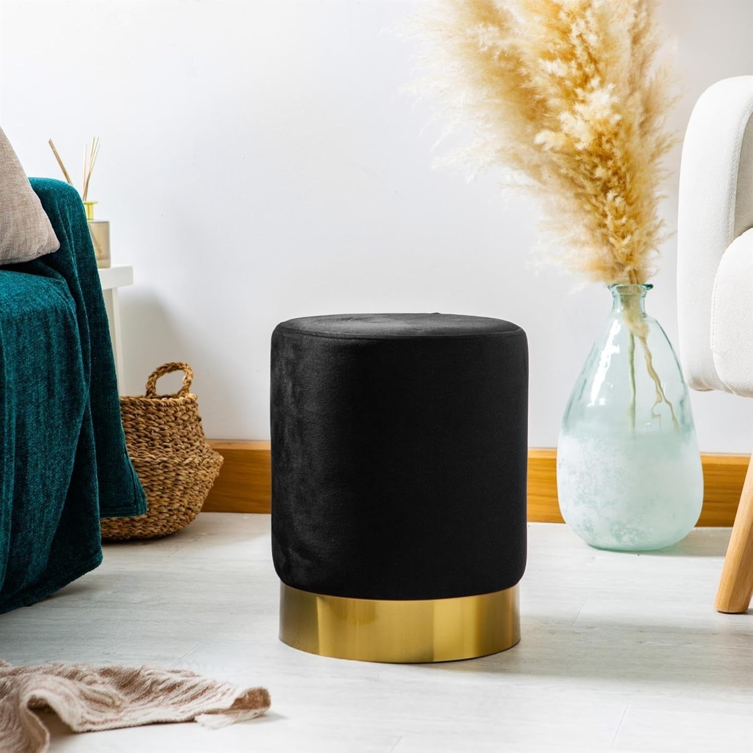 Set of 2 Black Velvet Footstools Gold Base Round Pouffe Modern Seating