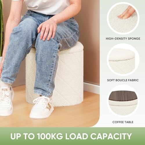 White Round Storage Ottoman Footstool 3-in-1 Seat with Lid 33x33x35cm