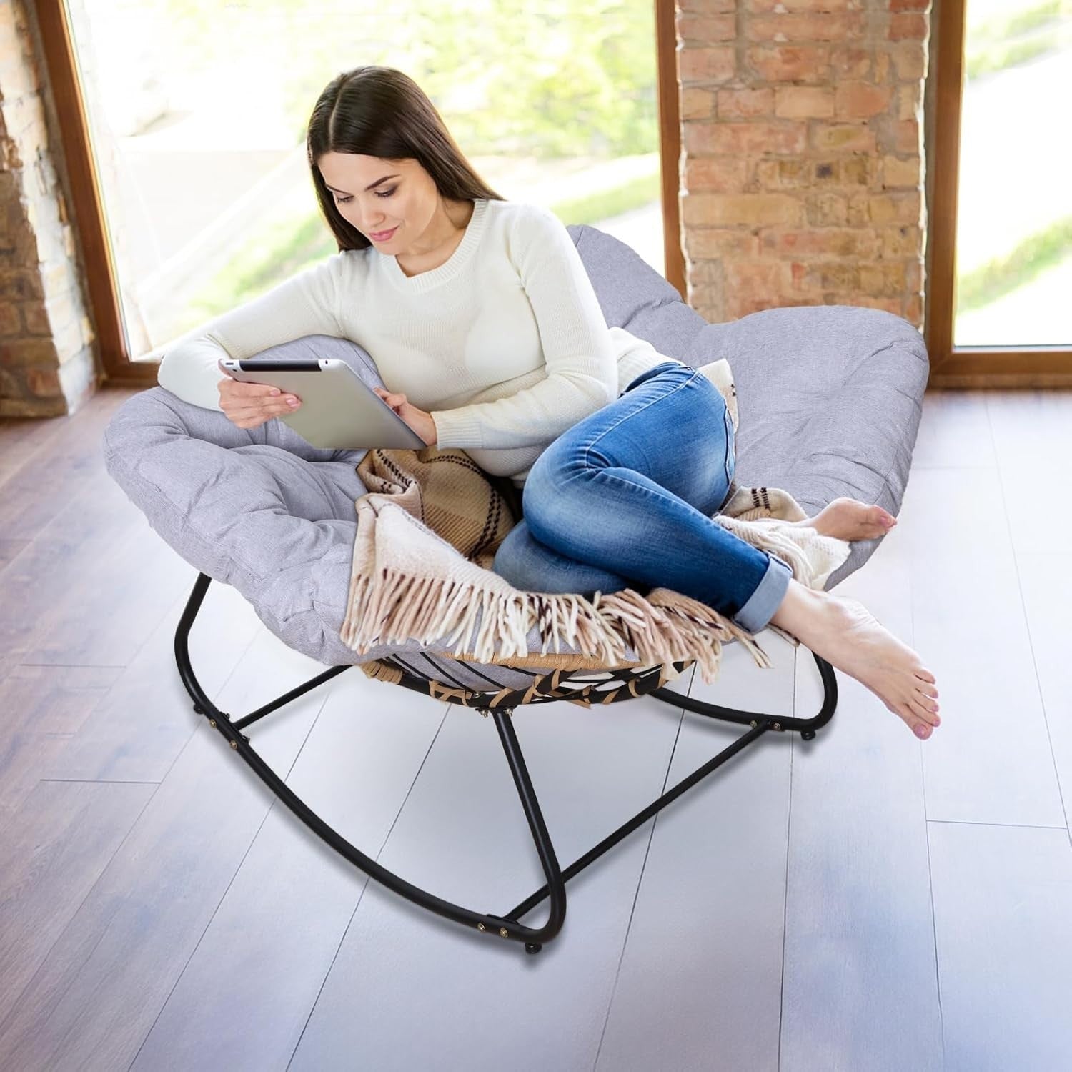 Comfy Egg Rocking Chair Padded Outdoor Indoor Lounge Patio Seat Grey