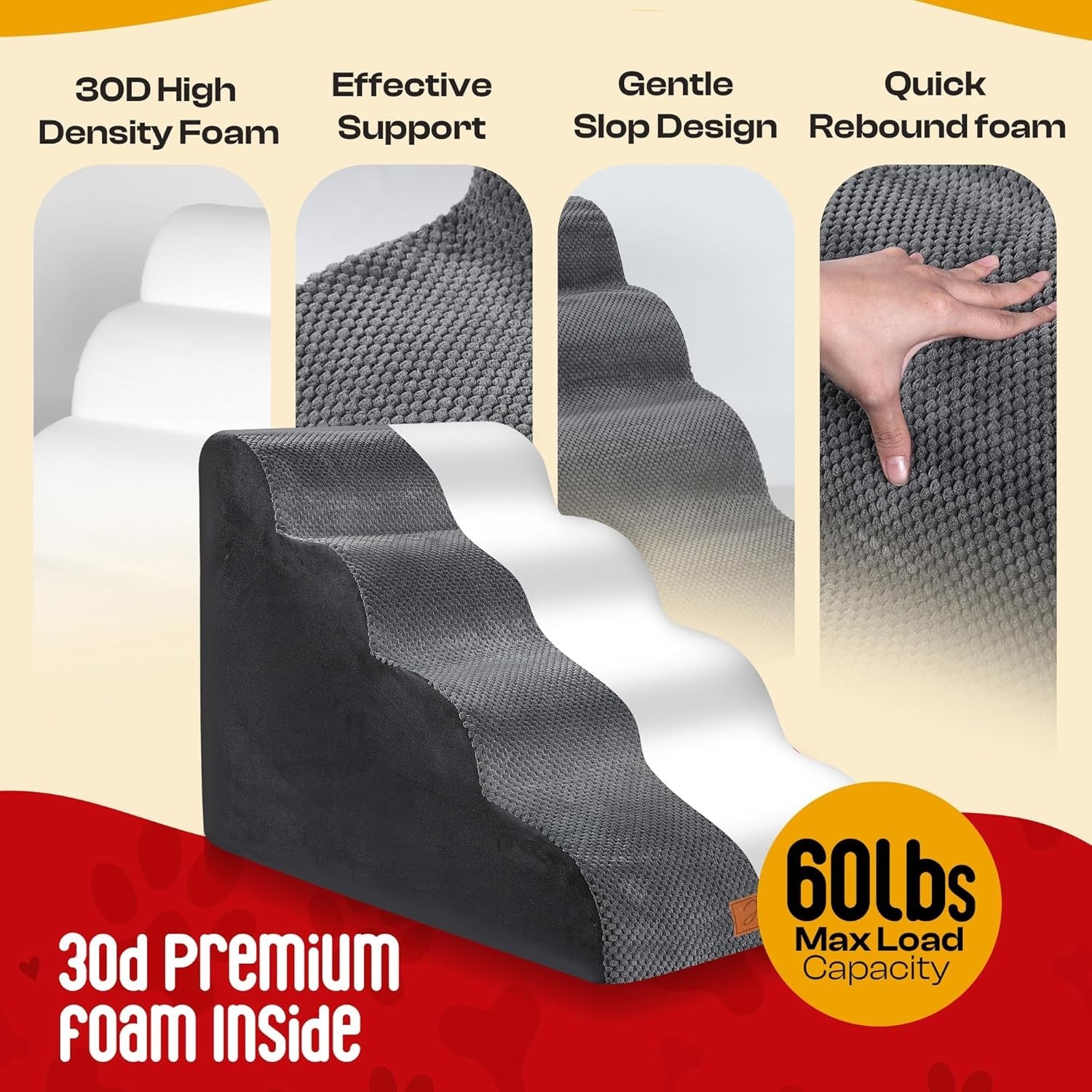 Grey 4 Step Dog Stairs 30D Foam Pet Steps Non Slip 75x50x40cm