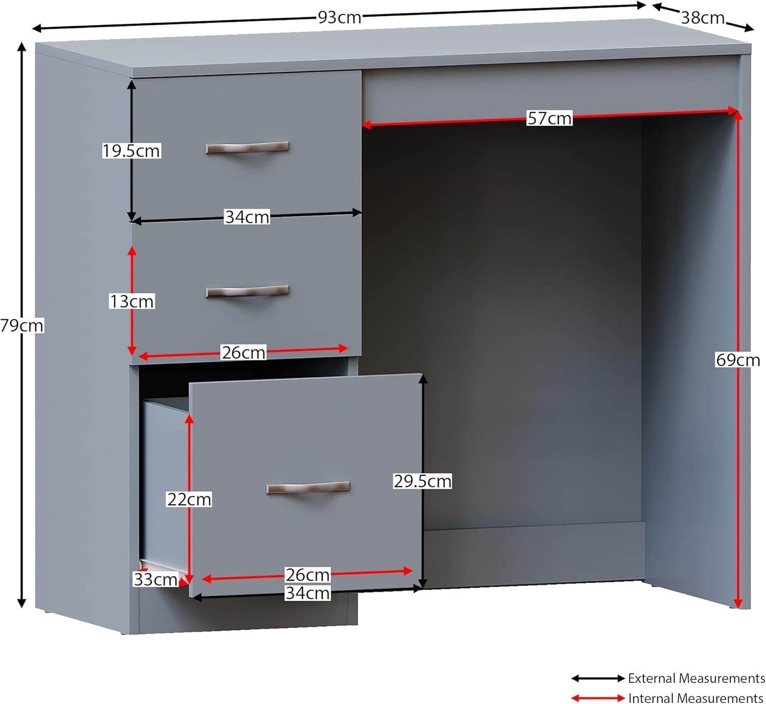 Grey Dressing Table Modern Vanity Desk 3-Drawer Storage Makeup Engineered Wood