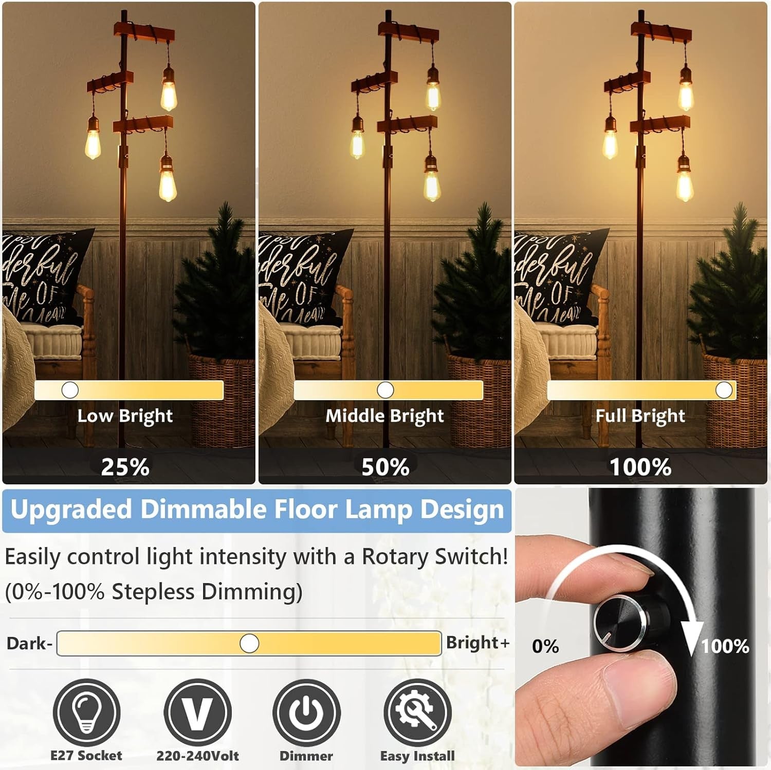 Industrial 3 Light Wooden Floor Lamp E27 Vintage Tree Standing Light