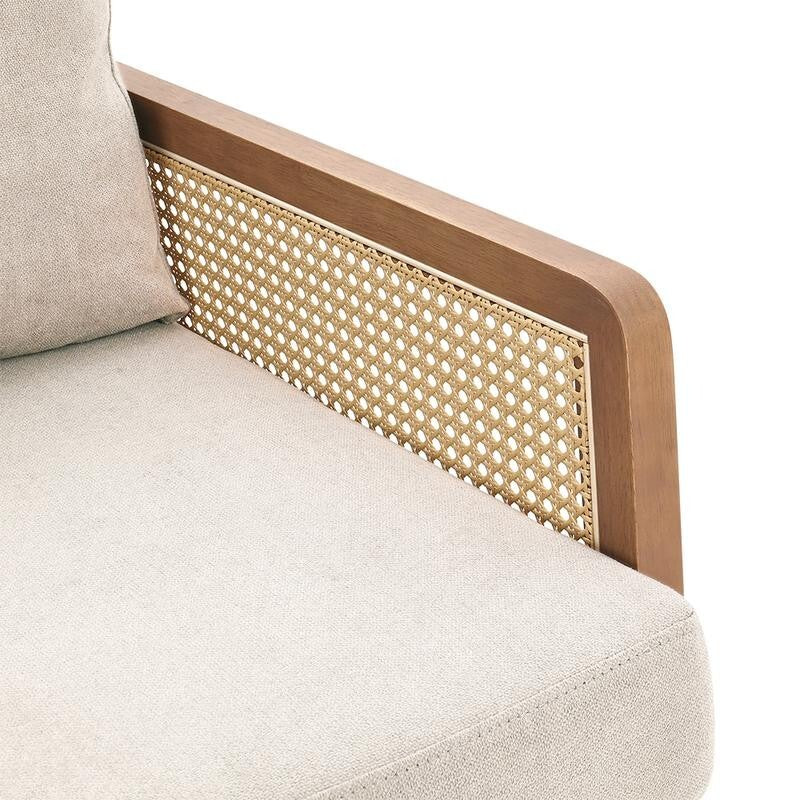 Beige Rattan Armchair with Cushions – Wooden Lounge Chair for Living Room