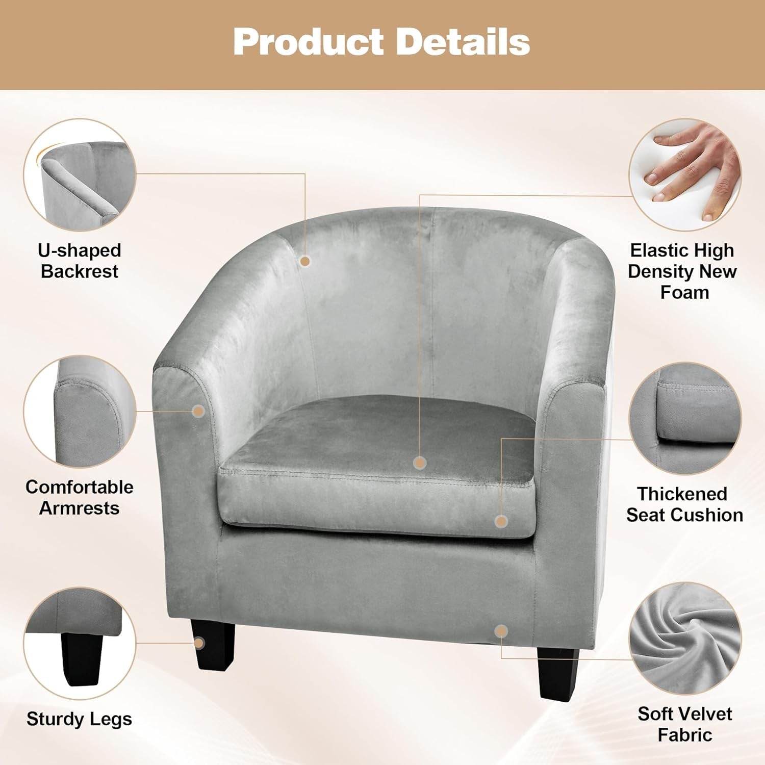 Velvet Tub Chair Accent Armchair Soft Foam Lounge Grey